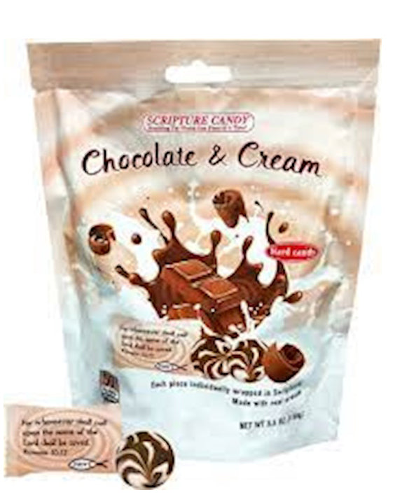 Package of Scripture Candy Chocolate & Cream flavor with product image and text.