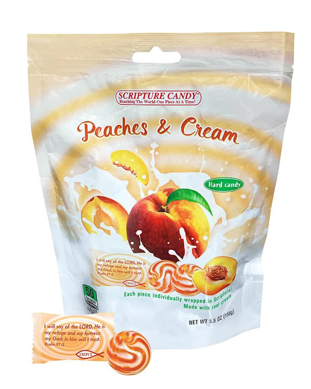Packaging of Scripture Candy Peaches & Cream flavor with milk splash design