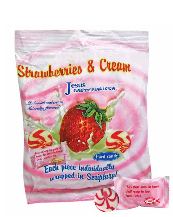 Strawberries & Cream candy package with a strawberry graphic and text on a white background