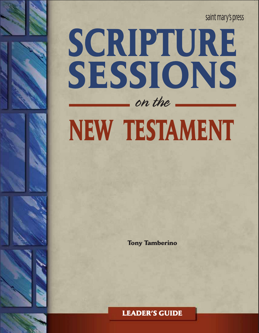 Book cover of 'Scripture Sessions on the New Testament' by Tony Tamberino with a beige background and blue geometric design.