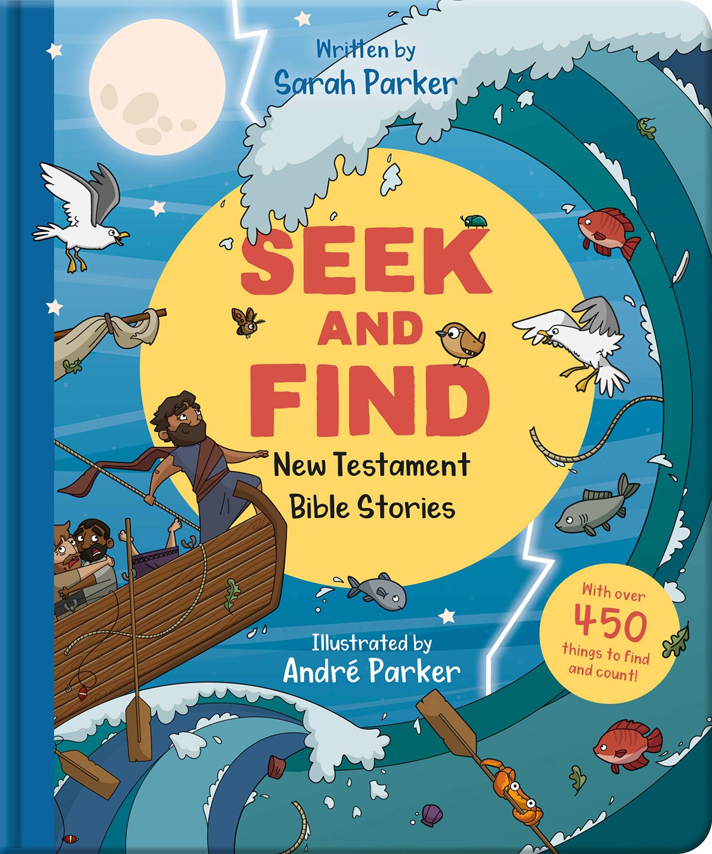 Cover of 'Seek & Find: New Testament Bible Stories' featuring illustrations of characters and scenes from the Bible, with a boat, a lion, and a dragon.