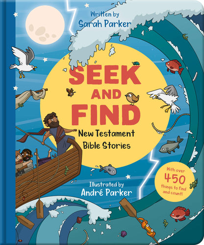 Cover of 'Seek & Find: New Testament Bible Stories' featuring illustrations of characters and scenes from the Bible, with a boat, a lion, and a dragon.