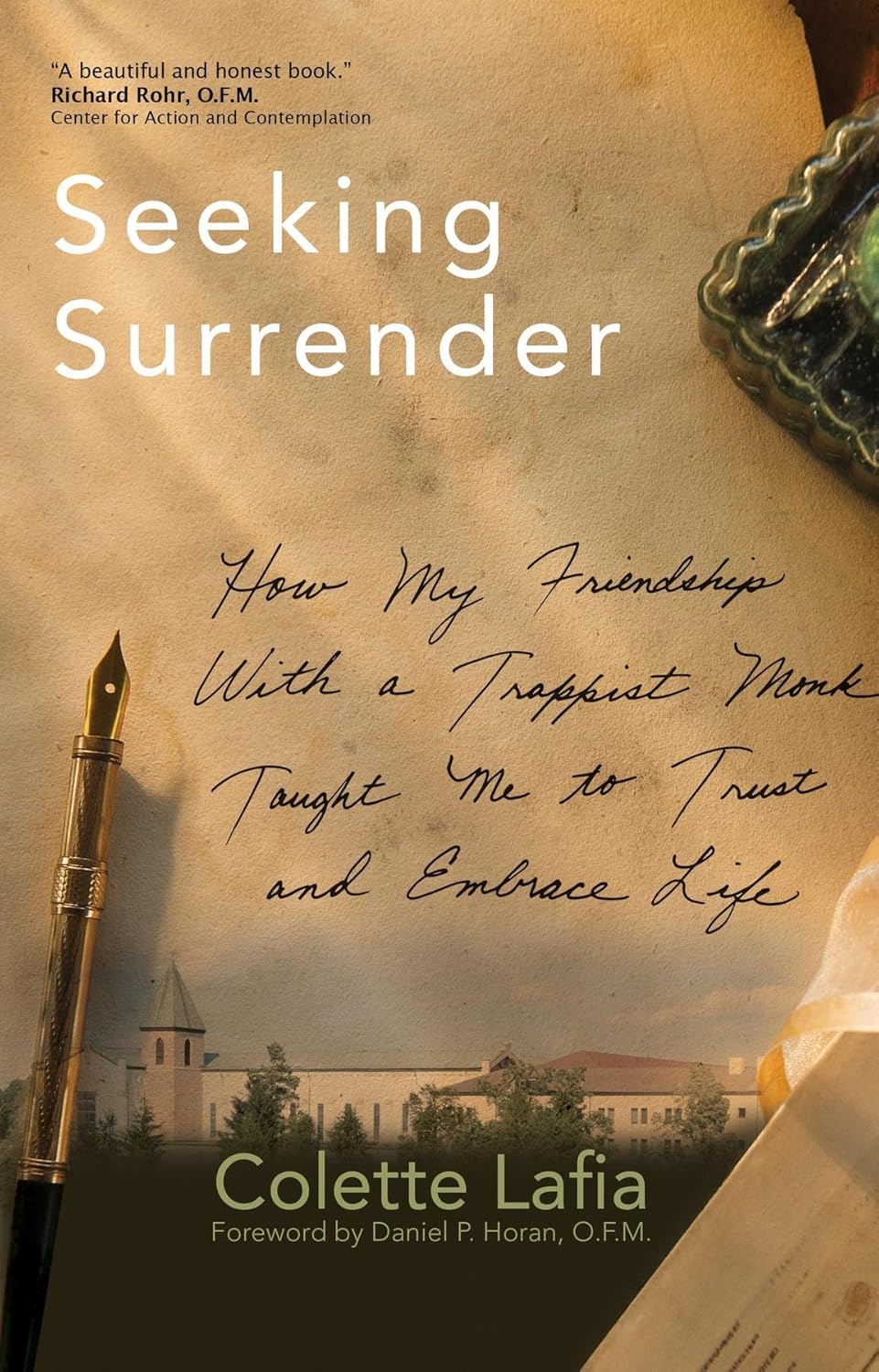 Book cover of 'Seeking Surrender' with a pen and blurred background