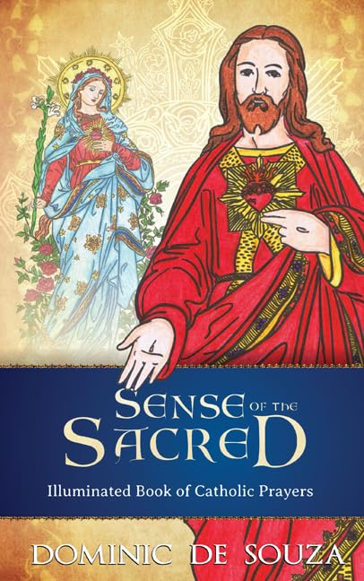 Cover of 'Sense of the Sacred' book with illustrations of a religious figure and a saint, and text about Catholic prayers.