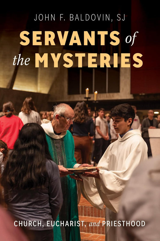 Book cover of 'Servants of the Mysteries' with a priest and altar in the background