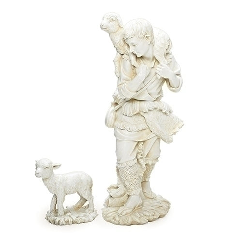 White statue of a woman holding a lamb on a white background
