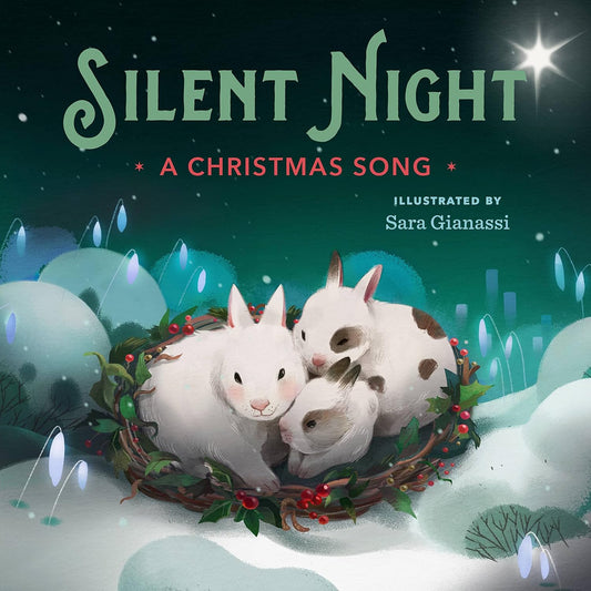 Book cover of 'Silent Night: A Christmas Song' with three white animals in a snowy scene.