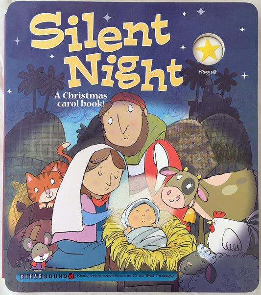 Book cover of 'Silent Night' with a nativity scene illustration and sound button.