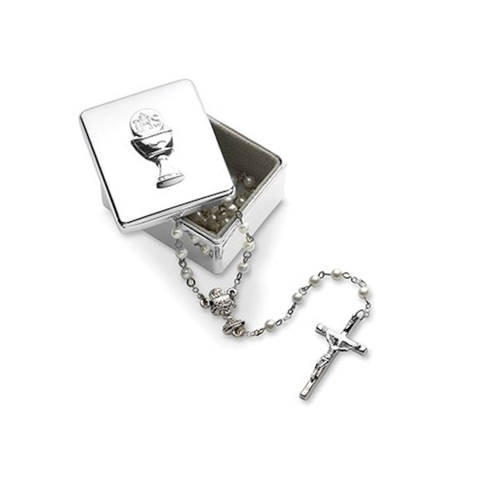 Silver rosary with a box featuring an icon on a white background