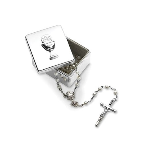 Silver rosary with a box featuring an icon on a white background