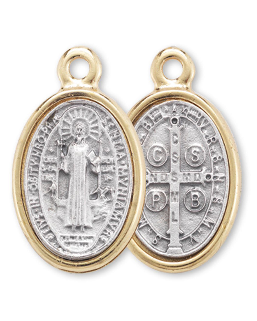 Two religious medallions with gold borders on a white background