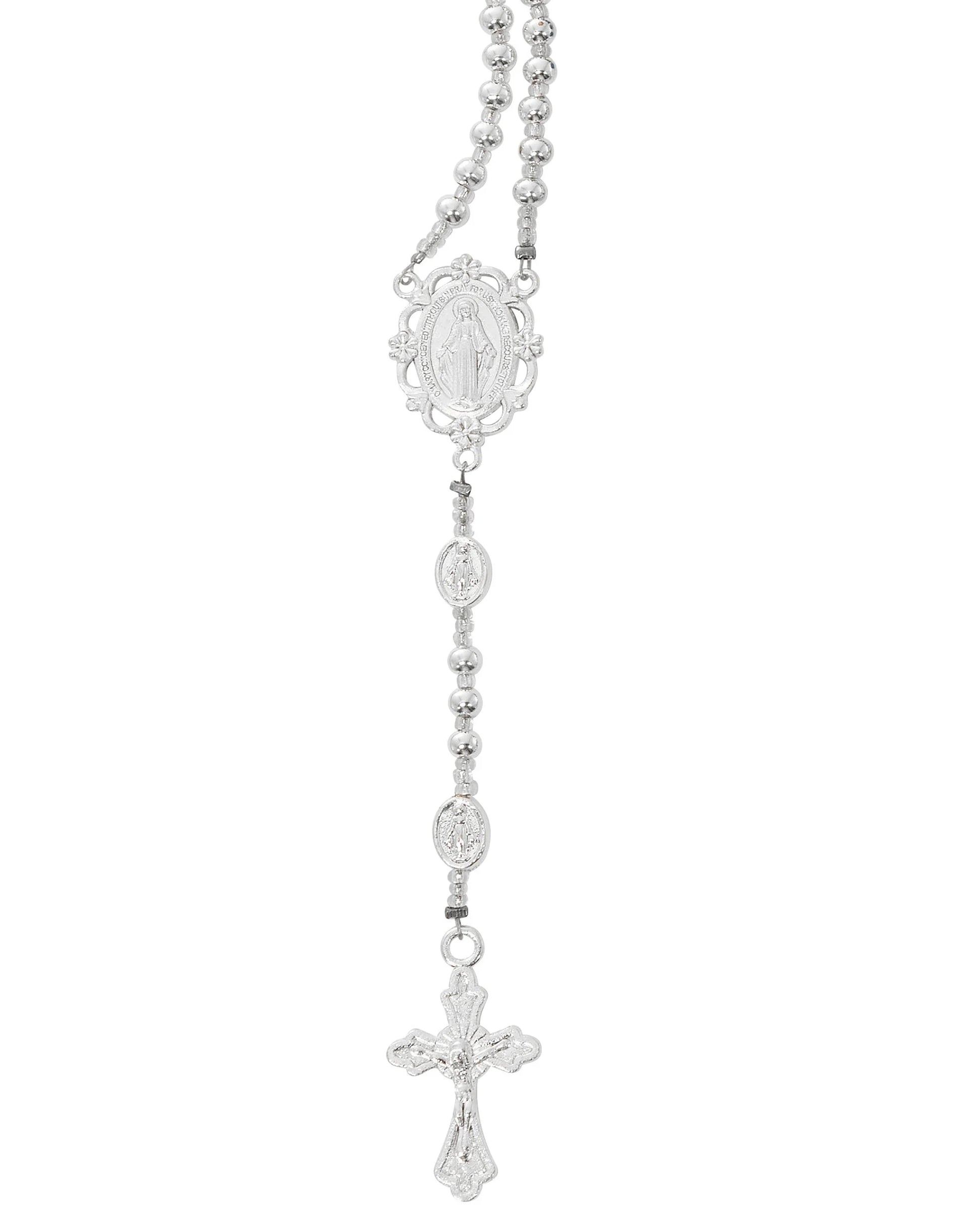 Silver rosary necklace on a white background