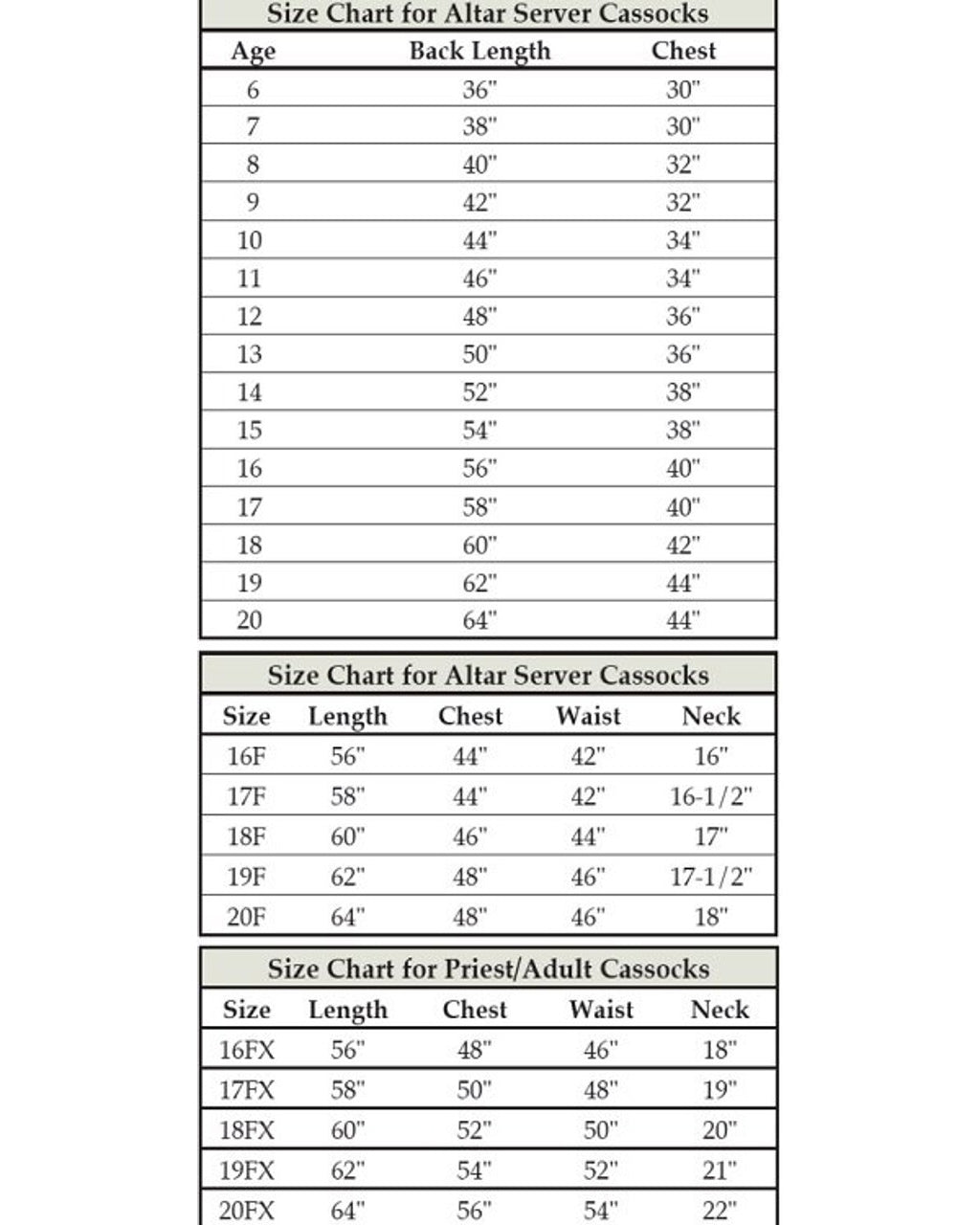 Size chart for altar server cassocks with age, length, chest, and waist measurements.