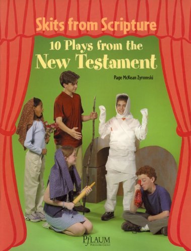 Book cover of 'Skits from Scripture: 10 Plays from the New Testament' with children in costumes on a green background.