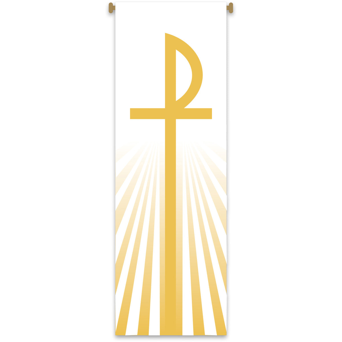 Parish banner featuring gold cross with rays on a white background.