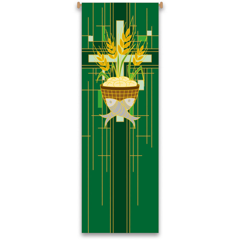 Decorative banner with a basket of wheat and cross on a green background