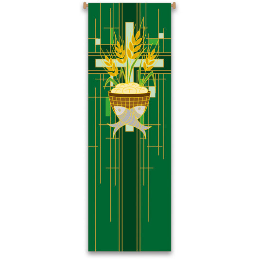 Decorative banner with a basket of wheat and cross on a green background