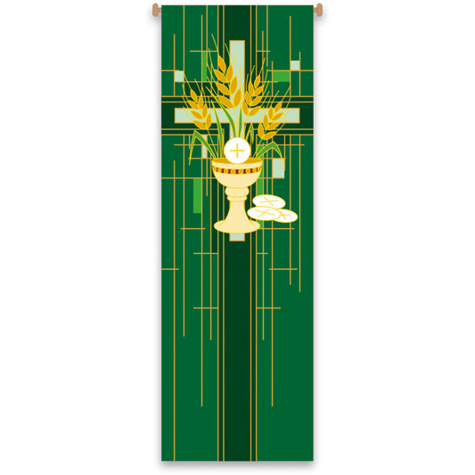 Decorative banner with a chalice, bread, and cross on a green background