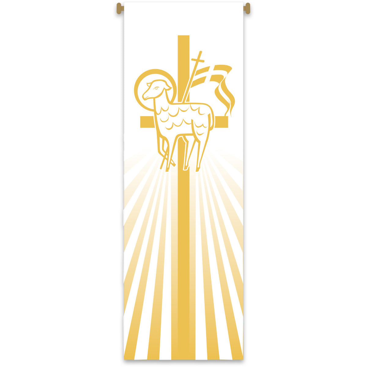 Decorative parish banner with a gold cross, lamb, and dove on a white background