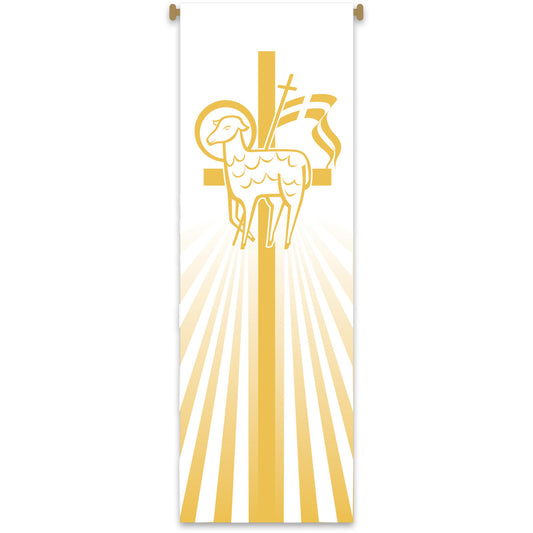 Decorative parish banner with a gold cross, lamb, and dove on a white background
