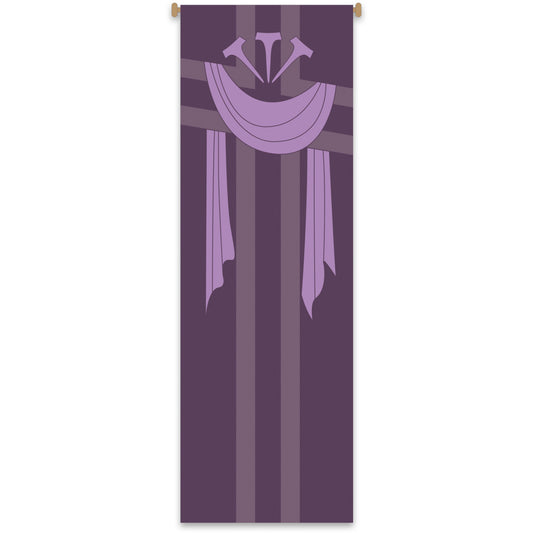 Decorative parish banner with purple ribbon and emblem on a striped background