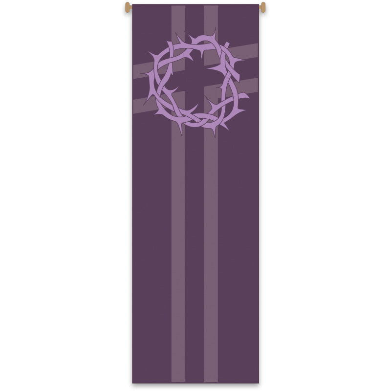 Parish banner with a purple crown of thorns design on a striped purple background