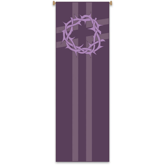 Parish banner with a purple crown of thorns design on a striped purple background