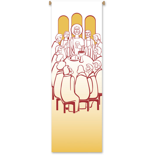 Illustration of a group of people around a table with a yellow to white gradient background