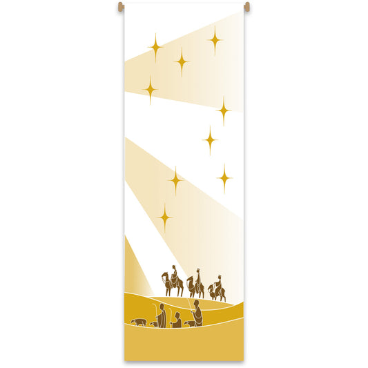 Illustration of a group of people and animals sitting under a starry sky with a warm gradient background. Printed on a large church banner in yellow and white. 
