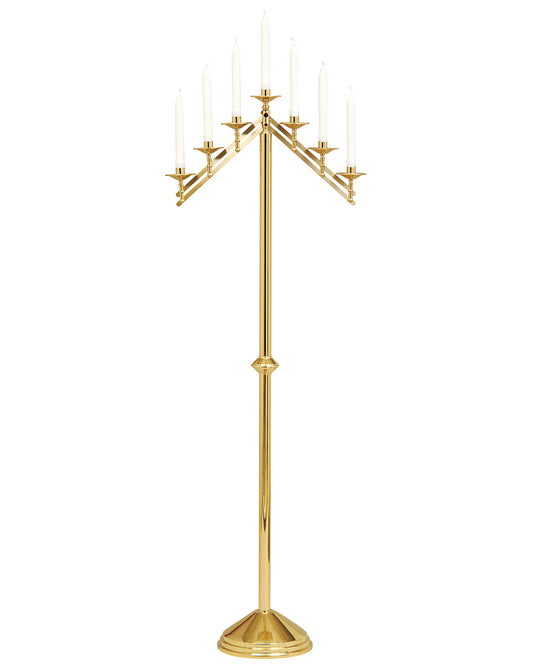 Gold candelabra with multiple candle holders on a white background