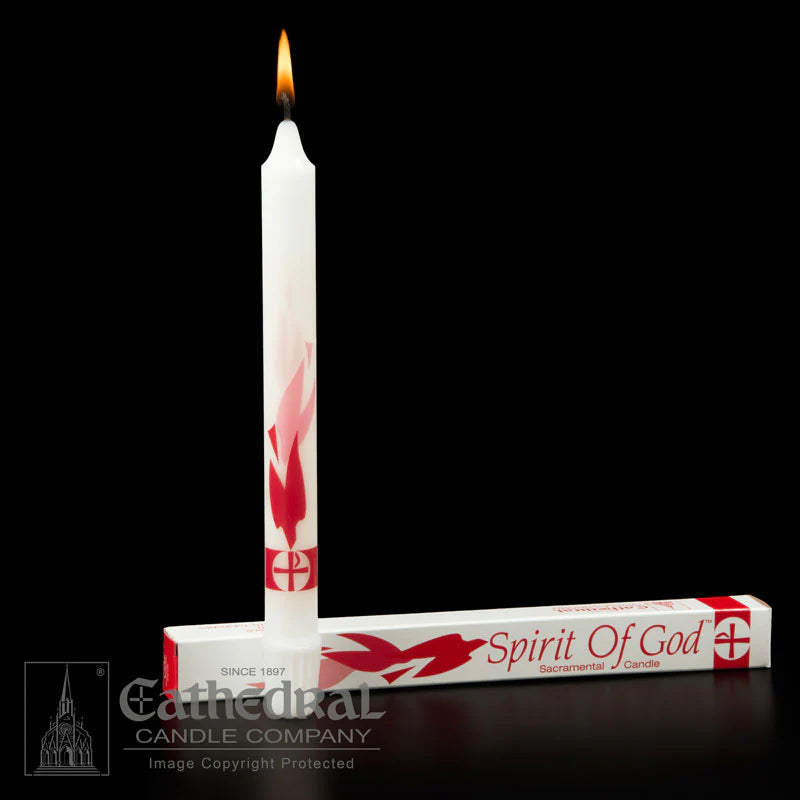 White candle with red design and 'Spirit Of God' text on a black background, featuring Cathedral Candle Company branding.