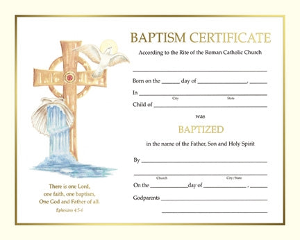 Baptism certificate with cross and dove design on a white background