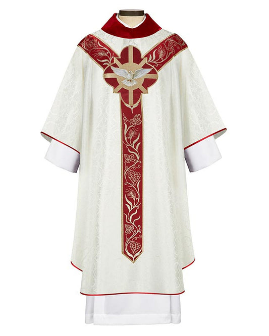 A white chasuble with a red cowl neck, featuring gold accent applique and intricate woven banding.