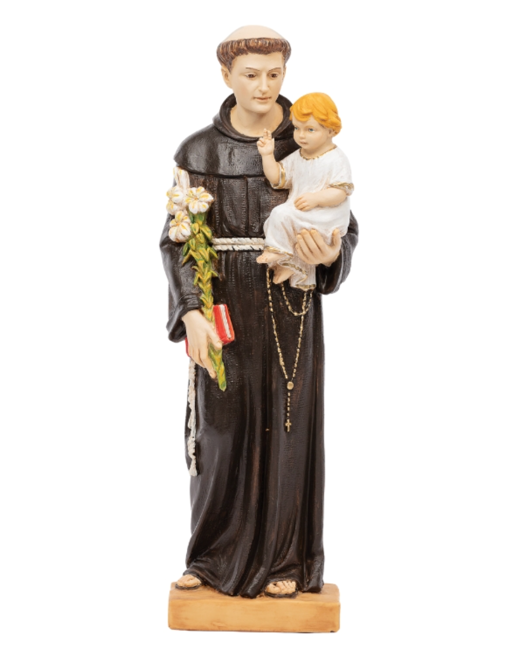 A religious figurine of Saint Francis of Assisi holding a child, shown against a plain white background. The saint is depicted in a dark brown robe with a white collar, holding a rosary, a small book, and a flower bouquet.