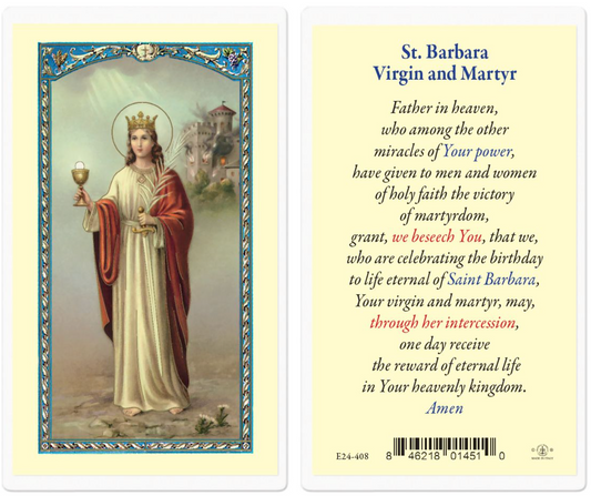 Laminated prayer card featuring St. Barbara with a religious text on a yellow background