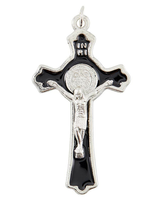 A black and silver St. Benedict pendant crucifix with enamel detailing.