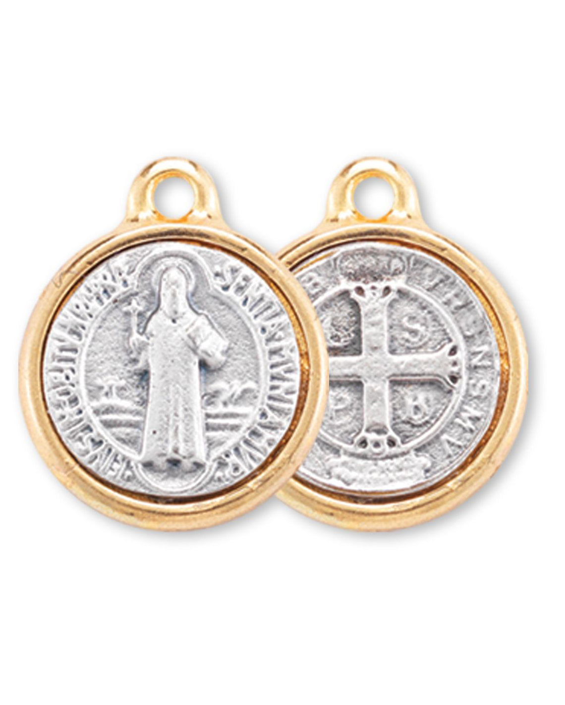 Two round silver medallions with gold borders on a white background