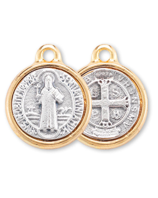 Two round silver medallions with gold borders on a white background