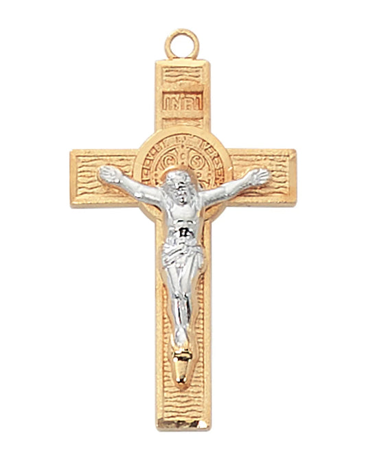 Gold cross pendant with silver Jesus figure on a white background