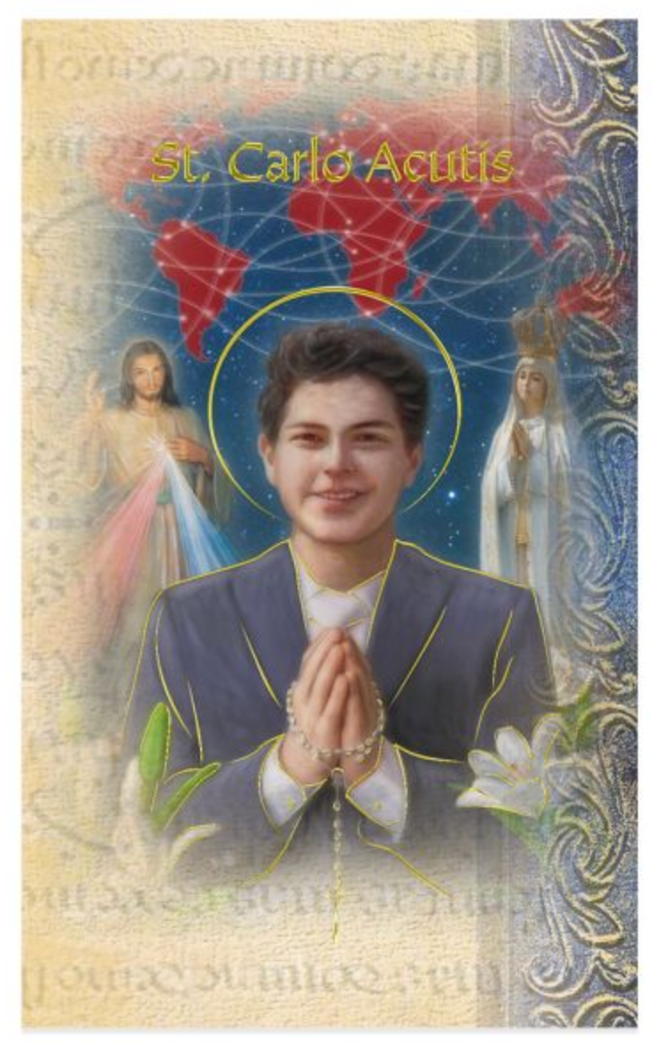 Card featuring a religious figure with a world map and two other figures in the background