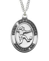 Silver Saint Christopher pendant on a chain against a white background
