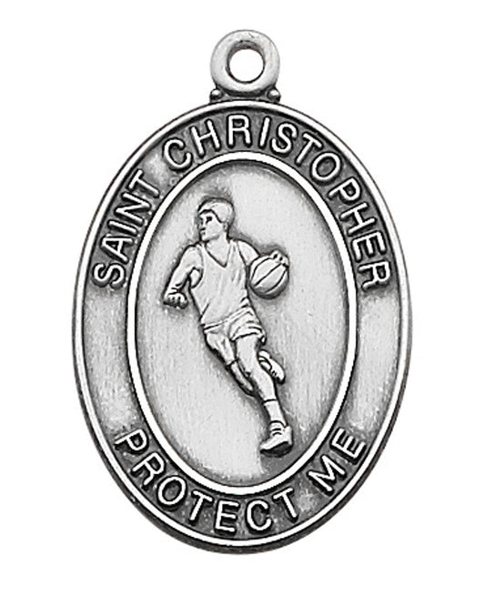 Sterling silver basketball medal with an image of an athlete and the text 'SAINT CHRISTOPHER PROTECT US' on the medallion, attached to a rhodium plated chain.