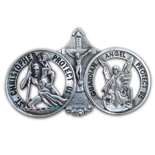 Two silver religious medallions featuring St. Christopher and Guardian Angel on a white background.