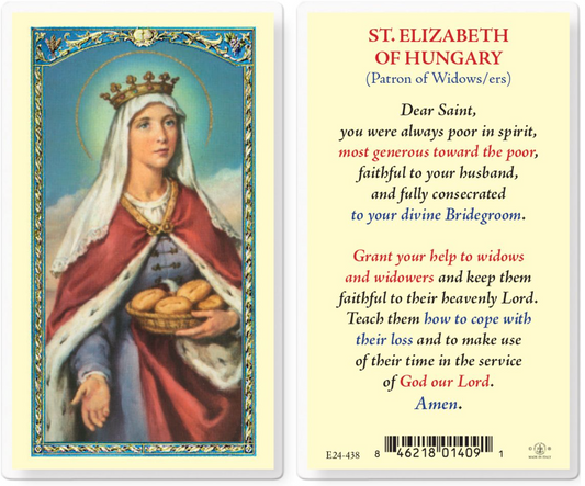 Laminated prayer card featuring St. Elizabeth of Hungary with a colorful border.