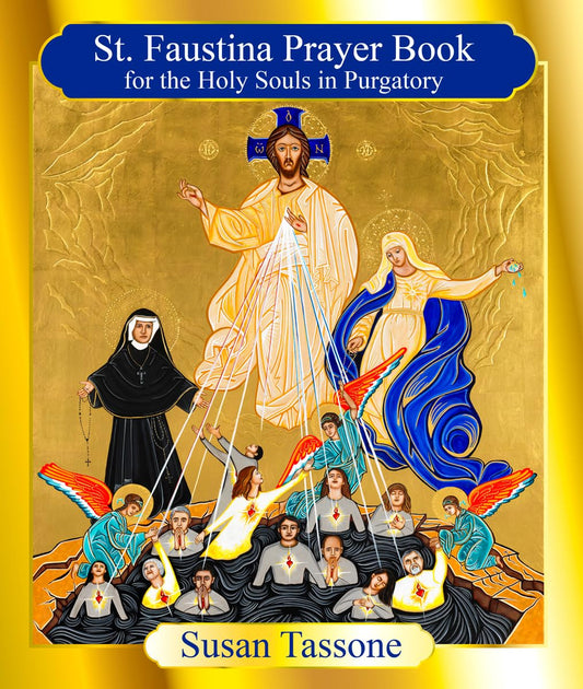 Book cover of 'St. Faustina Prayer Book for the Holy Souls in Purgatory' with religious illustration.