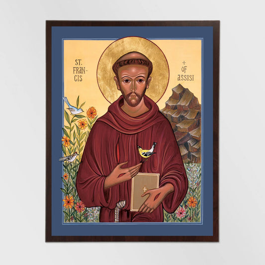 Matted artwork of St. Francis of Assisi with a blue border on a white background