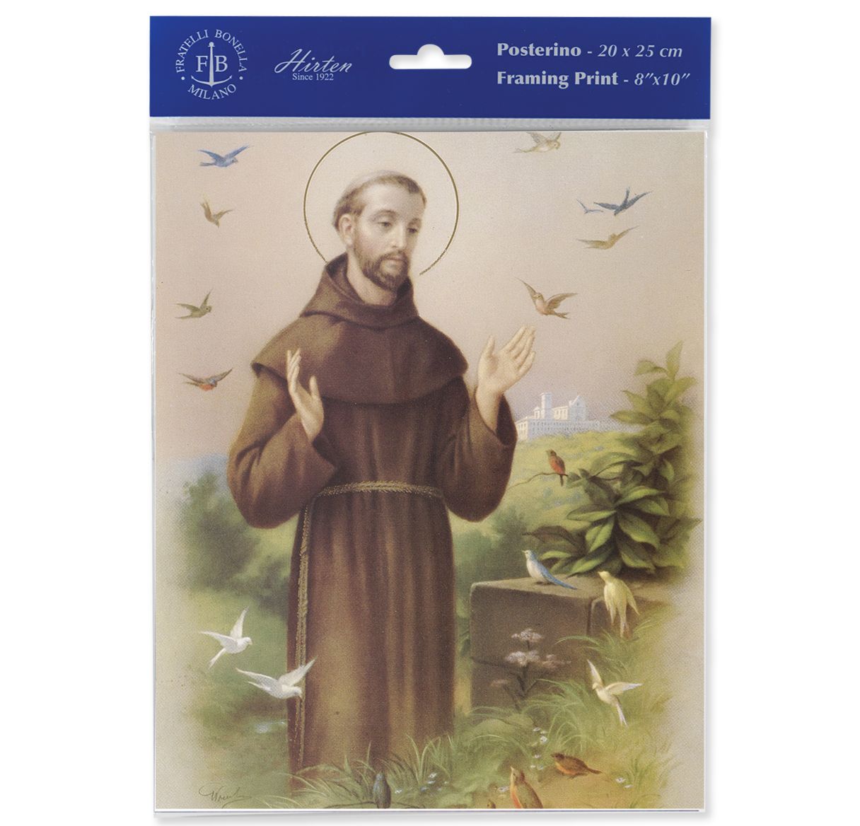 Packaged print of a religious figure with birds in a natural setting, featuring branding at the top.
