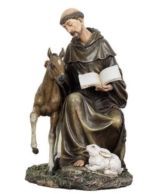 Statue of a monk with a horse and rabbit on a white background