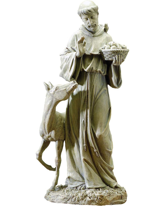 Statue of a religious figure holding a basket and a goat on a white background