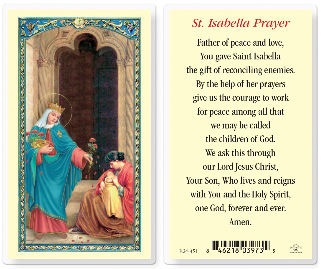 Prayer card featuring an illustration of a woman with a child, with text on the back.